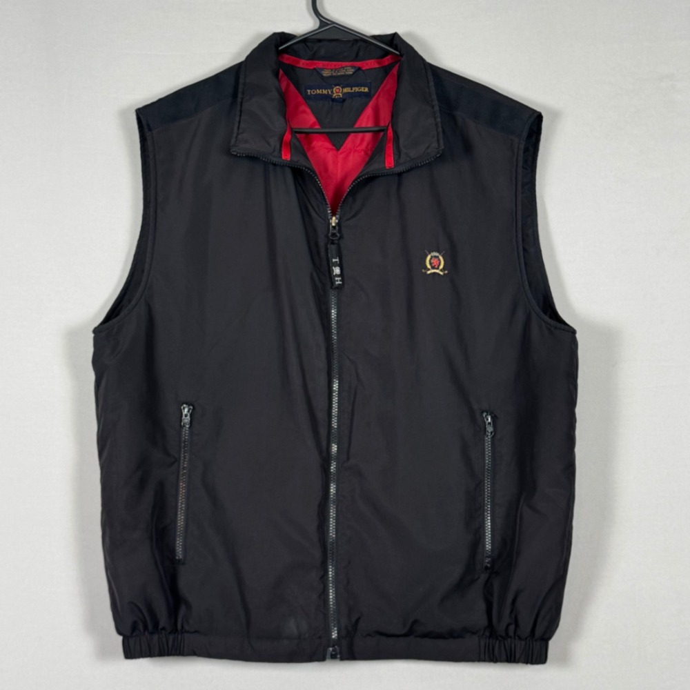 Tommy Hilfiger Golf Vest Mens XL Black Excellent Vintage 90s Full Zip Crest
